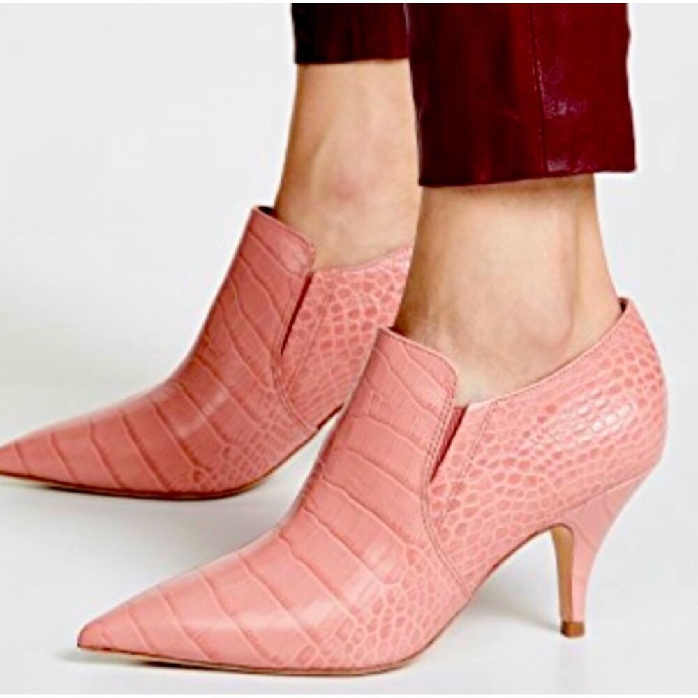 Tory Burch Pink Croc-Embossed Pointed Toe Ankle Booties